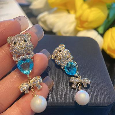 Blue Cute Bear Love Pearl Bow Earrings Women'S Personality Gold Animal Earrings