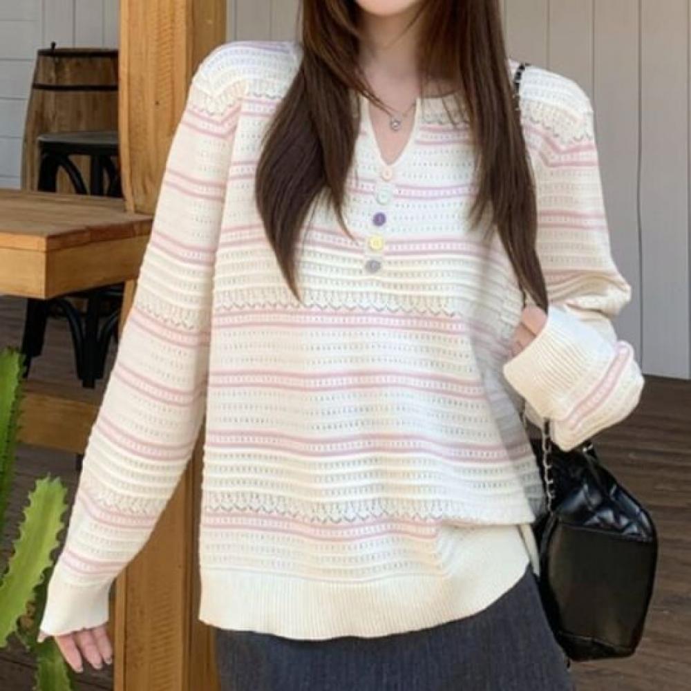 Navava Women Lovely Stripe Point Long Sleeve Knit Tee Nk3591