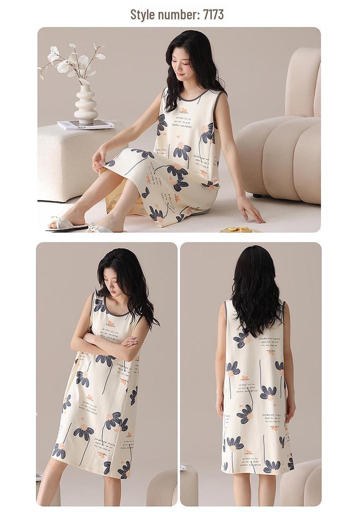 Cute Cartoon Summer Cotton Nightgown with Removable Pads for Women