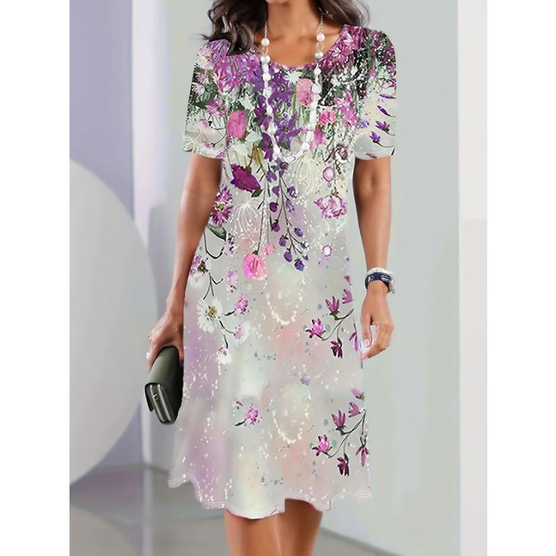 

Women s Printed Commuting Dress - Short Sleeved Round Neck for Daily Office and Leisure Wear in Spring and Summer XL