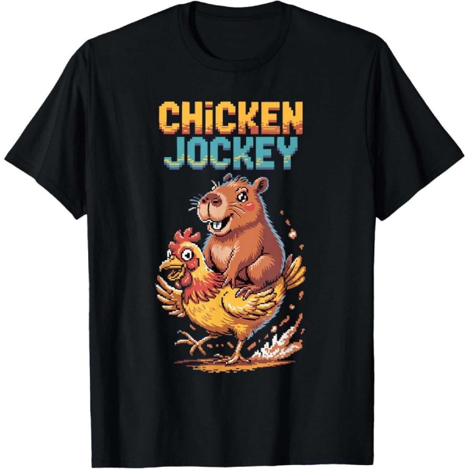 HYETYDV Chicken Jockey Capybara Lovers Pixel Art Gamer Funny T-Shirt S чёрный
