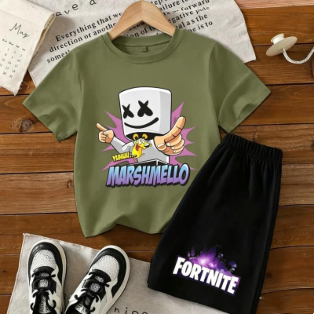 Fashion Cartoon Figure Fun Printed 11 Colors Kids T-shirt and Shorts 2 Piece Set Summer Home Outdoor Casual Outfit Boy and Girl's Sports Set