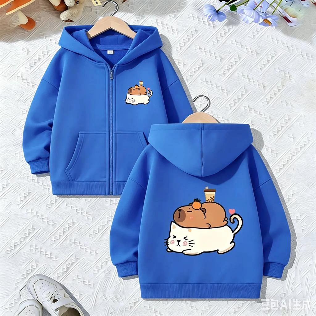 Felpa con zip e cappuccio carina con grafica di Capibara Gatto Bubble Tea Manica lunga larga Giacca con cappuccio Bellissimo capo esterno quotidiano per ragazzi e ragazze
