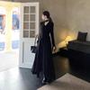  Hepburn-Stil V-Ausschnitt Rüschenkleid in Übergröße für Damen - Elegantes Herbst-Schlankmachendes Schwarzes Kleid