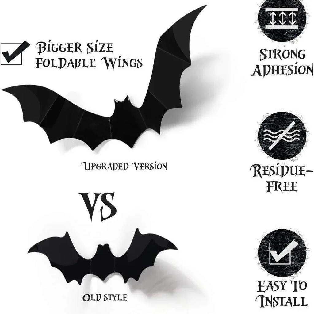 PVC Black 3D Horror Bat stickers for home decor DIY wall stickers bathroom indoor Halloween party supplies