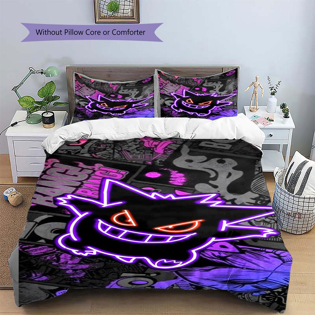 Anime Gengar Printed Bedding Set 3 Piece Soft Microfiber Duvet Cover Set Teens Game Room Decor No Sheet No Filling