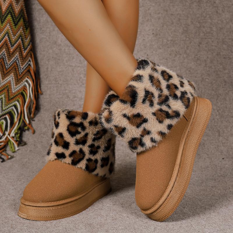 Fashion Fashion Leoaprd Fur Snow Boots for Women Faux Suede Cotton Padded Platform Shoes Woman Winter Non Slip Thick Plush Ankle Boots