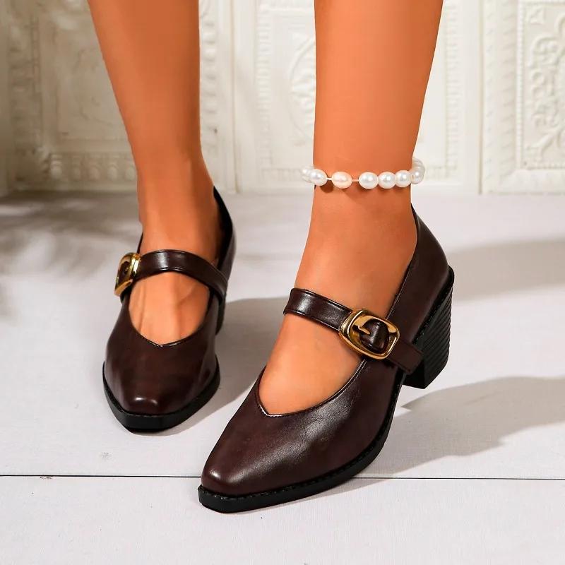 

Женская обувь 2025 года, брендовые женские туфли с пряжкой и ремешком на высоком каблуке, модные туфли на низком каблуке для офиса и карьеры, новые туфли больших размеров, бестселлеры на каблуках для женщин 43 темно-коричневого