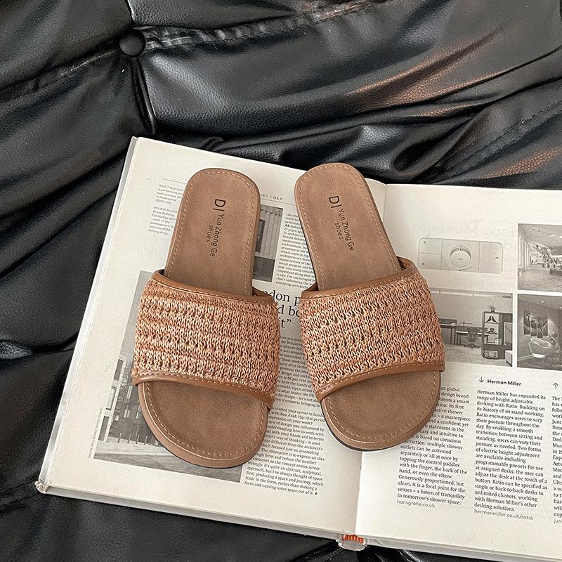 Flat Bottom Woven Hollow One-word Slippers Women's Summer Wear 2025 New Bohemian Vacation Travel Cool Slippers Women