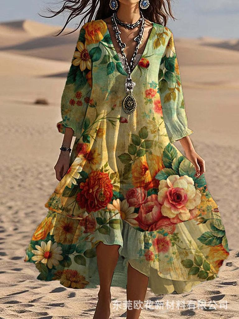 Floral Print V-Neck Midi Dress with Asymmetrical Hem, Short Sleeve, Multiple Colors