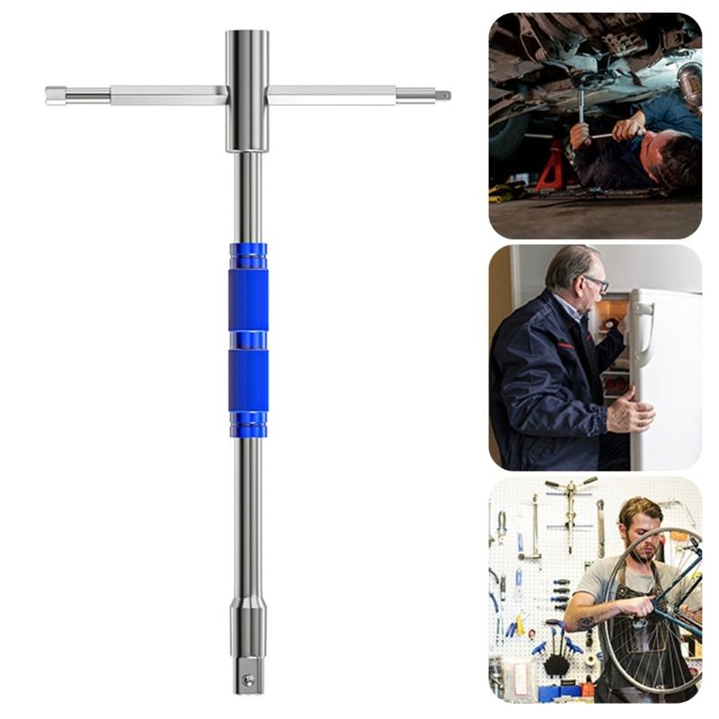 Rotating T Handle Wrenches with Sliding Levers and Interchangeable Heads for 1/2 3/8 1/4 Socket Solid High Carbon Steel