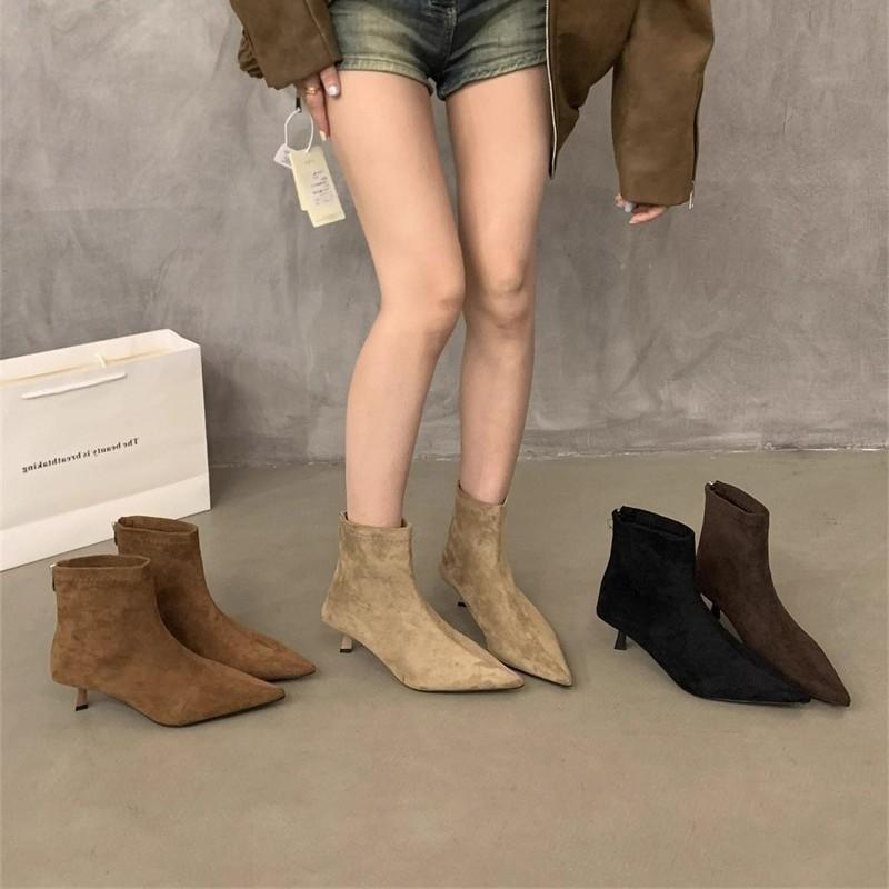 Korean Version of Polished Single Boots Pointed Fashion Boots Thick Mid-heel Short Boots Women's 2025 Fashion Versatile Rear Zipper Thin Boots