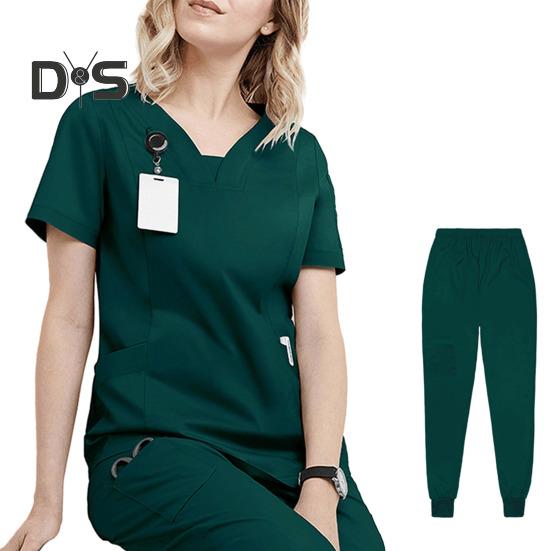 2 stk/sett Dame Sykehusuniformsett V-hals Kort ermet Lommer Topper Elastisk midje Joggebukser Sett Hurtigtørkende Sykehus Tannlege Sykepleierdrakt