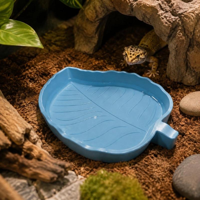 Molded Plant-Form Bowl Pair for Small Herps, Textured Plastic Dishes with Open Interiors for Food or Drinking Water