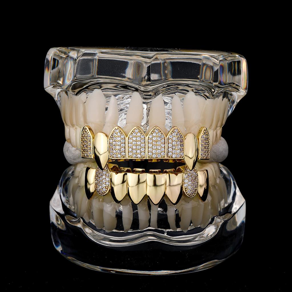 RACHELZ Fashion Glossy 8/8 Zircon Teeth Grillz Fangs Hip Hop CZ Stone Tooth Caps For Women Men Jewelry Halloween Gift