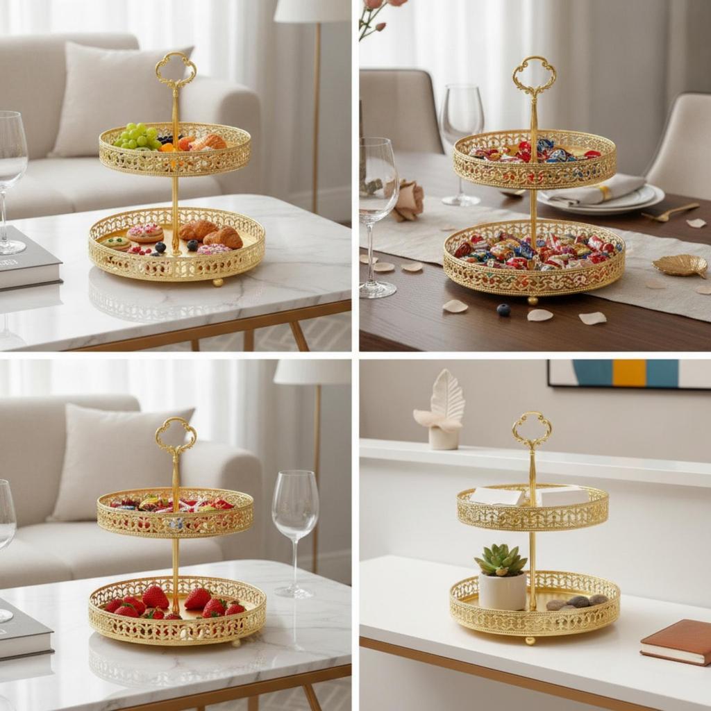 Double Layer Fruit Tray Colored 2 Tier Decorative Leaf Pattern Dessert Stand for