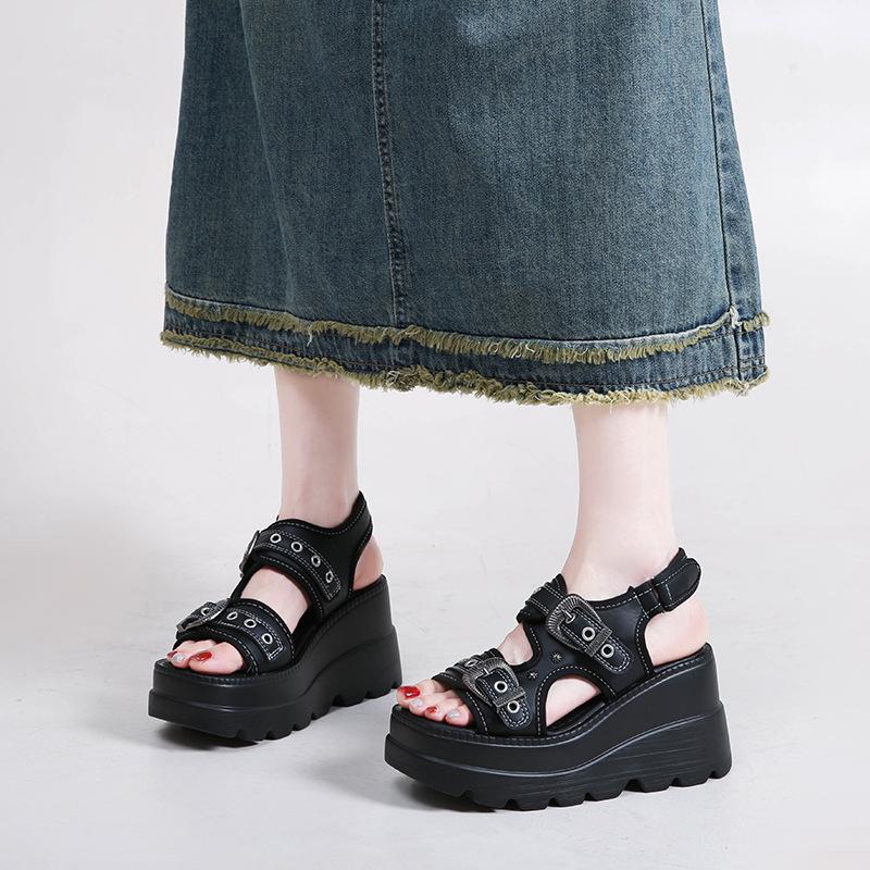 2025 Summer New Thick-soled Heightening Word with Roman Sandals Women Wear Light Lazy Shoes Casual Sandals