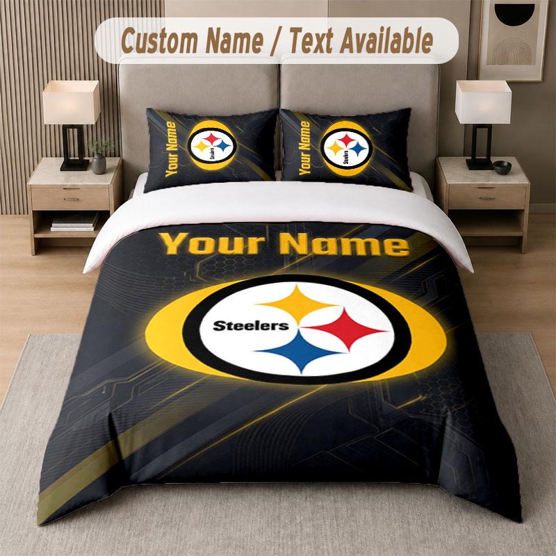Custom Bedding Set Pittsburgh Steelers Pattern, Print Name Text 1 Duvet Cover Plus 2 Pillowcases Home Textile
