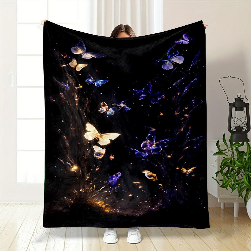 Glowing Butterflies in Mystical Night Scene Patterned flannel blanket perfect for the bedroom living room, sofa, or a little nap