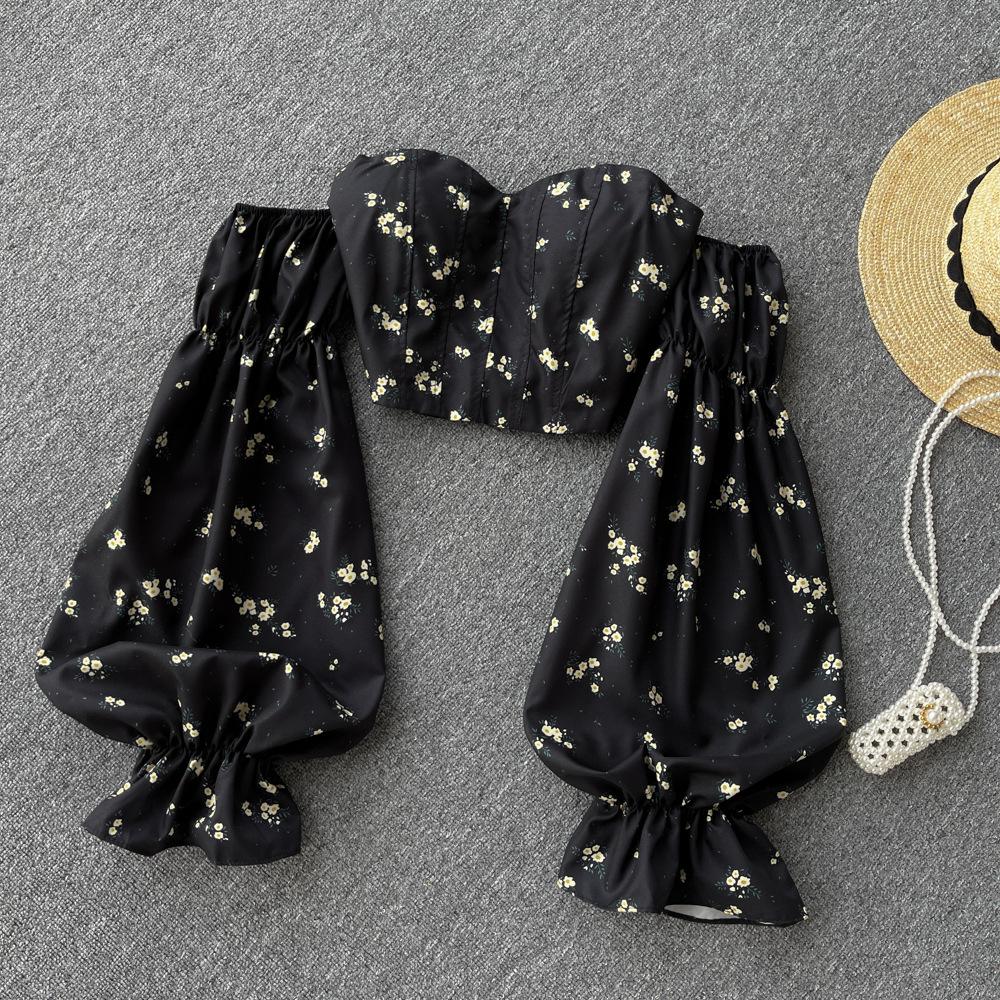 Women's Spice Girl One Shoulder Breasted Long Sleeve Shirt Backless Sweet Floral Short Temperament Top