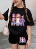 Summer Suit for Girl Fashion K-Pop Cartoon Girl Print Kids Set Outdoor Casual Streetwear Short Sleeves Teen Girl Clothes Suit