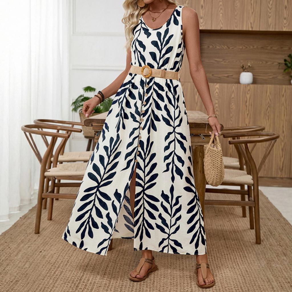 New Sleeveless Leaf Print Maxi Dress With Belt Vacation Style Holiday Long Dress For Women