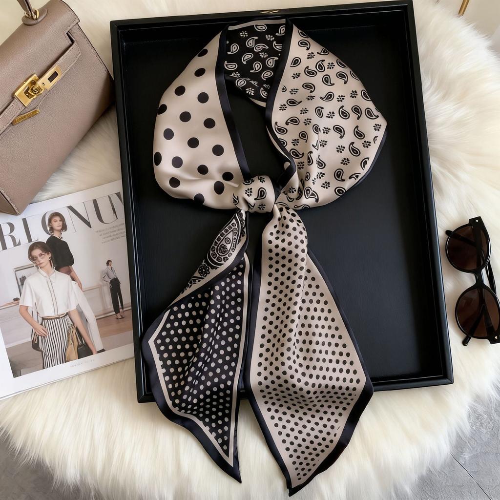 French retro polka dot long silk scarf women's spring and summer fashion temperament versatile high-end scarf headband streamer belt