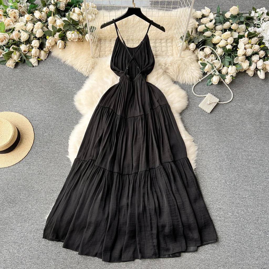 Sexy Backless Sling Skirts High Sense Vacation Wear Waist Hugging Slimming Mopping Floor Long dress Seaside Beach dress