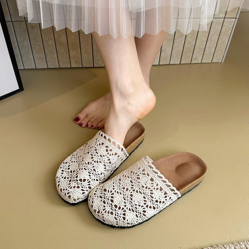Platform Baotou Half Slippers Women's Outward Wear Summer New Round Toe Deep Mouth Woven Versatile Slip-on Flat Cool Slippers