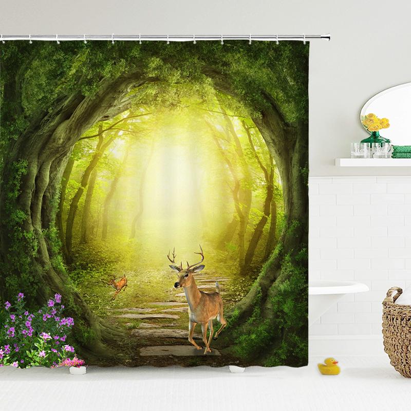Hochwertiger Wald Natur Landschaft Stoff Duschvorhang Wasserdicht Bedruckt Badezimmer Vorhänge für Badezimmer Dekoration mit Haken