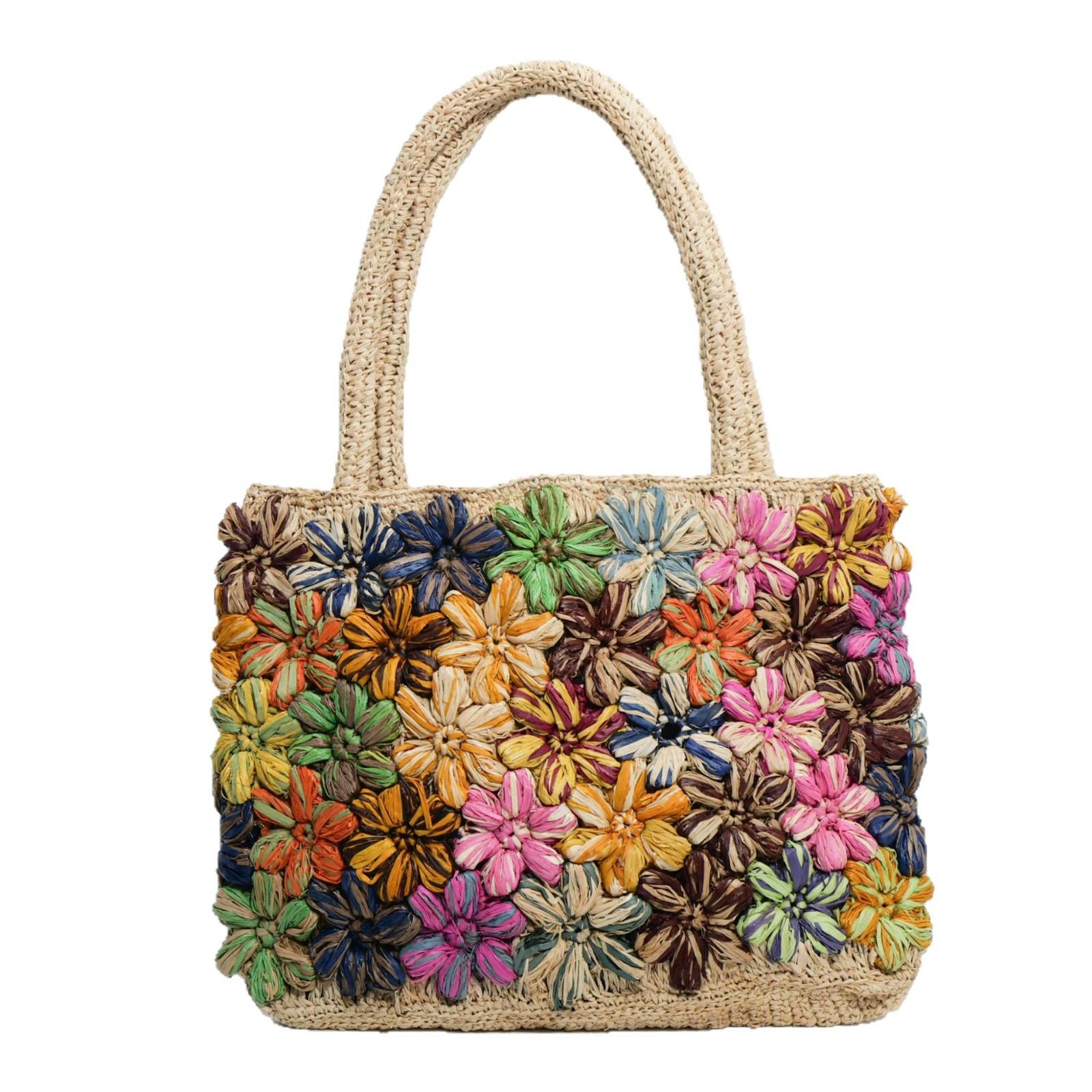 New handmade raffia woven bag vacation beach bag colorful flower woven bag portable high quality straw bag Open