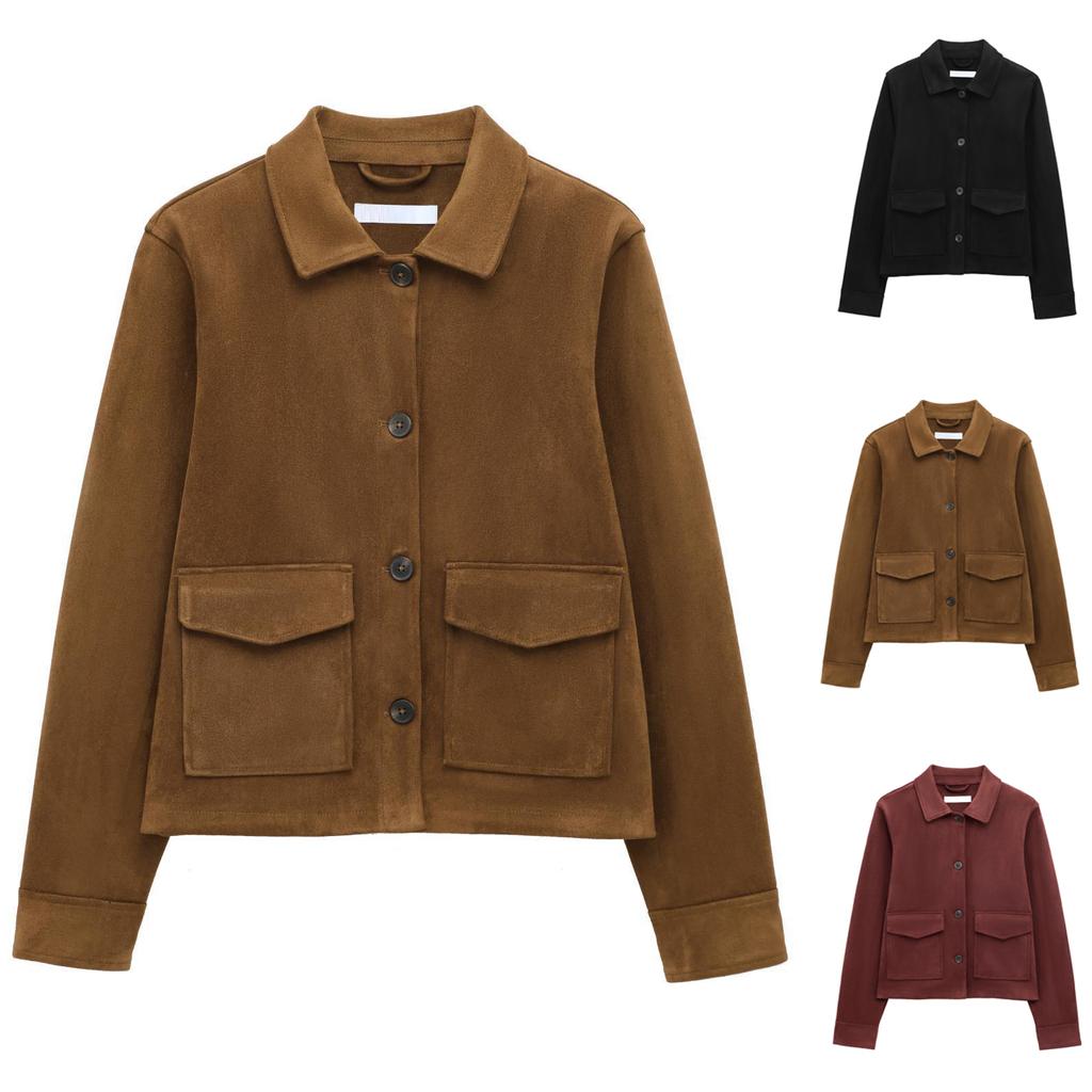 Ladies' Fashion Large Pocket Short Long Sleeve Button Jacket Coat