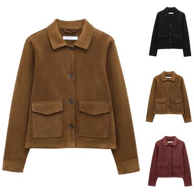 Ladies' Fashion Large Pocket Short Long Sleeve Button Jacket Coat