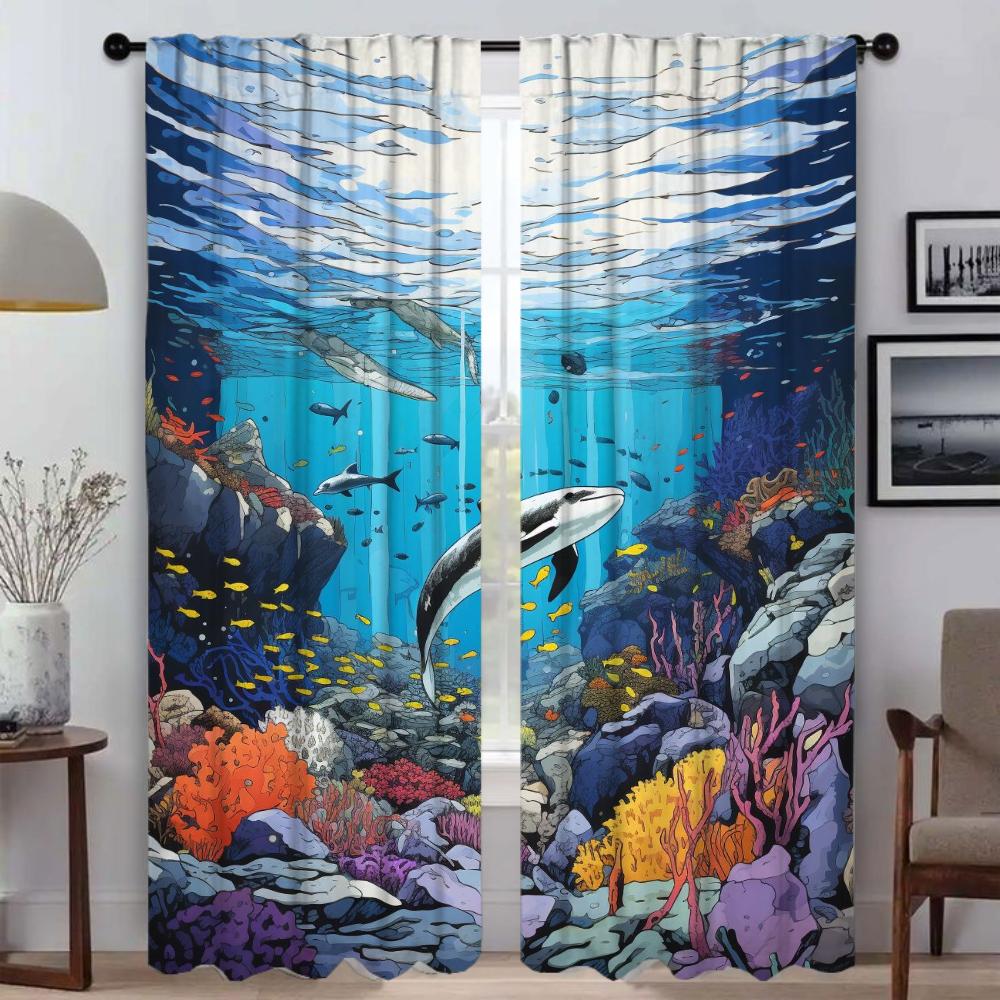 Marine Animal World Blackout Curtain for Room 2 Panel Elegant Room Curtains Partition Halloween Decoration Shades Living Kitchen