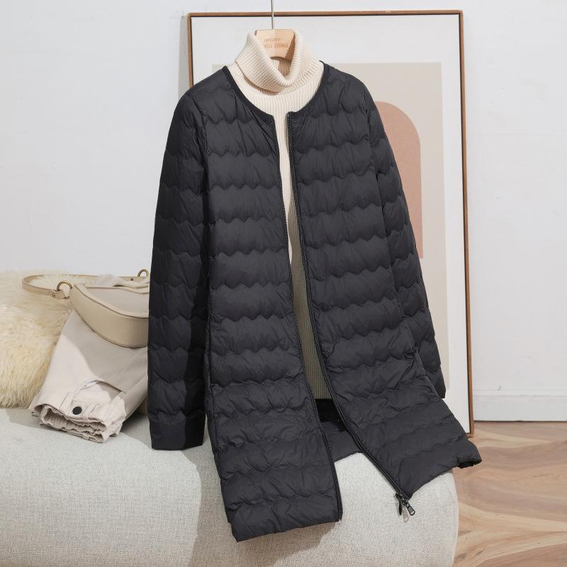 

Осень и зима новая мода круглый вырез волнистая средней длины легкий пуховик женский куртка на молнии теплый тренд 3XL (145-80 kg) чёрный