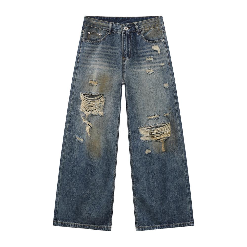 

2026 Men s New Vintage Distressed Trendy Dirty-Dyed Wide-Leg Casual Ripped Jeans S синий