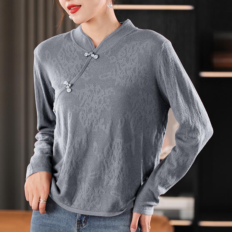 New Medium and Retro Buckle Sweater Women's Diagonal Placket Stand-up Collar Solid Color Temperament Bottoming Knitted Sweater Women