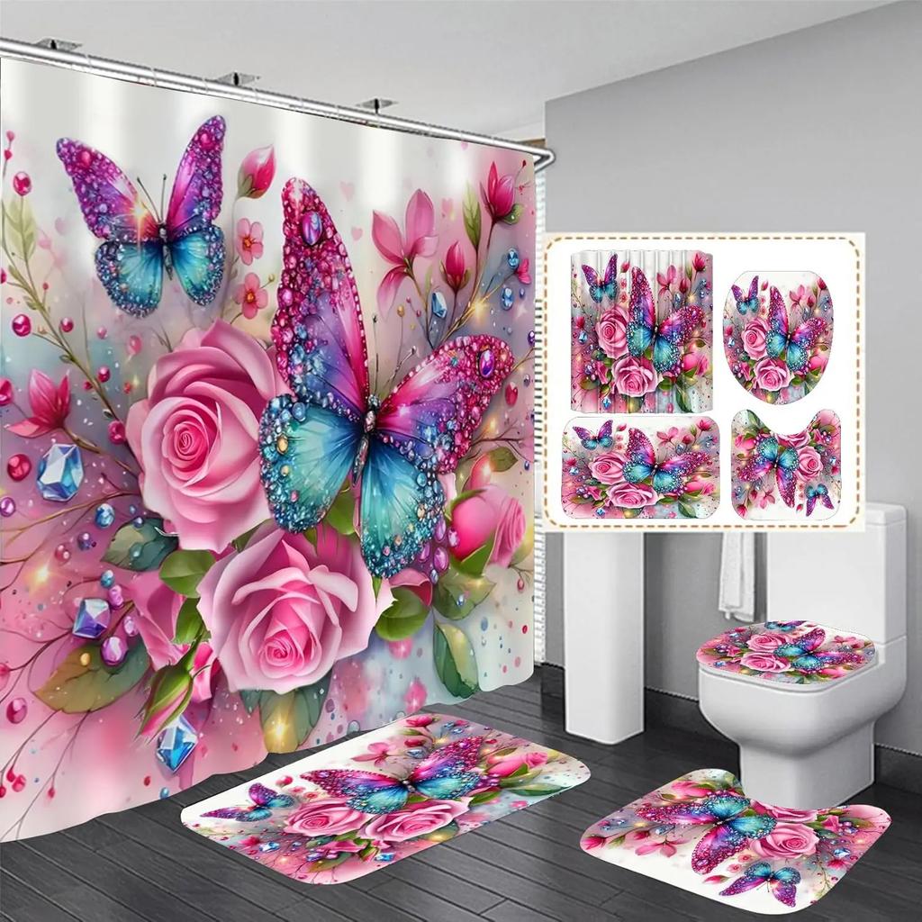 4Pc Pink Glitter Floral Shower Curtain Set Rose Bathroom Sets Butterfly Diamond Shower Curtain with 12 Hooks Bathroom Decor with