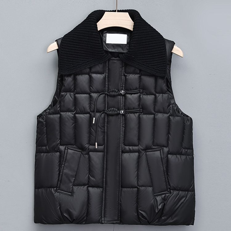 Women's Down Vest with Knitted Lapel Patchwork Vest Outer Wear Button-up Cotton Vest Vest Jacket for Autumn and Winter