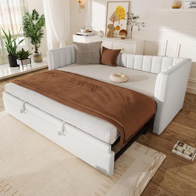 Daybed 90x200/180x200 Sofa Bed Upholstered Bed Pull-Out Bed, Slatted Frame, Single/Double Bed Guest Bed, Velvet, Minimalist Style, White