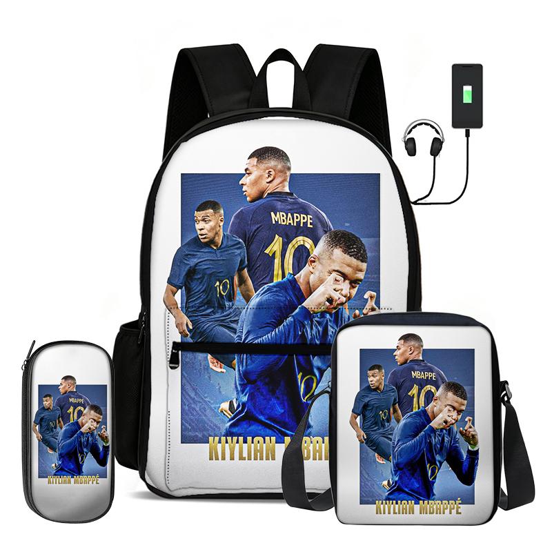 Leer, Reizen Voetbal Sport Rugzak M-Mbappe 3 Delige Set Kinderrugzak Schoudertas, Etui, Voetbalster Rugzak