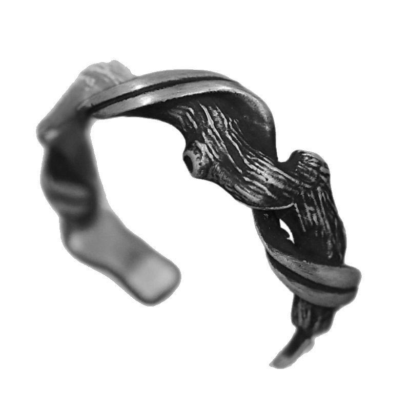 Adjustable Open Ring Men Women Sterling Geometric Vintage Wooden Texture Band Minimalist Couple Jewelry