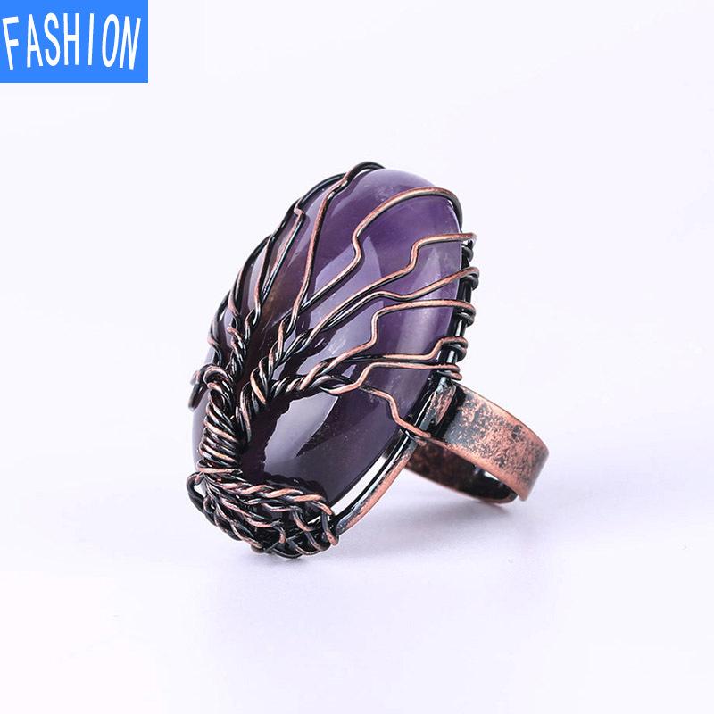 

Винтажное медное кольцо ручной работы из проволоки, круглое регулируемое кольцо с натуральным кристаллом Tree Life Amethyst