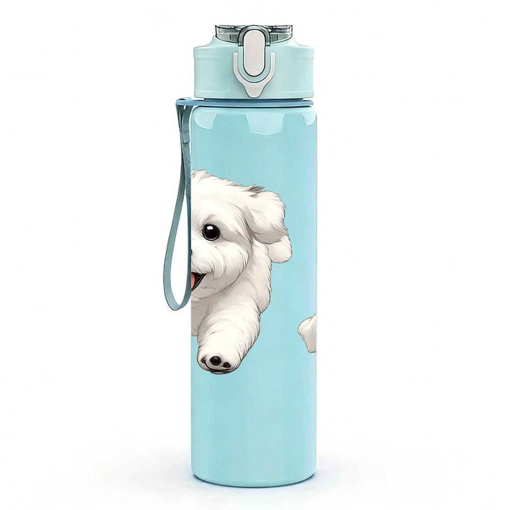 1PC Two White Puppy Dog 750ml Color Plastic Sports Water Bottle Leakproof Flip Straw Lid Suitable for Sports Office Home Use