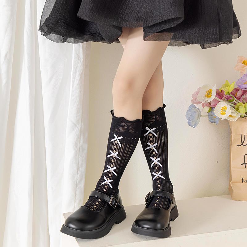 Girls Over The Knee High Socks Retro Stripes Hollow Mesh Cute Bowknot Princess Baby Kids Long Stockings