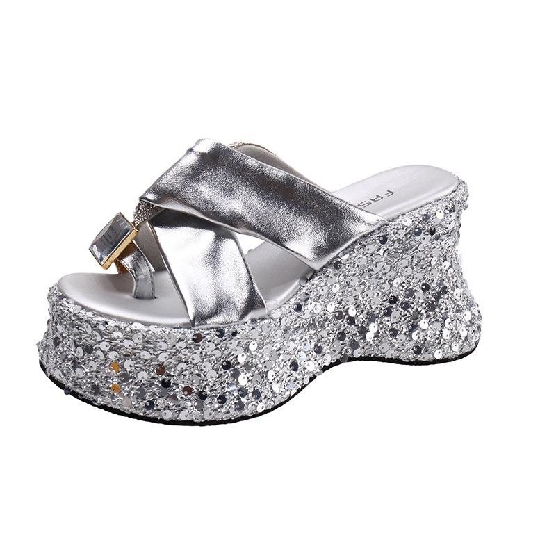 Spring and Summer Fashion Rhinestone Outer Wear Casual Flip-flops Thick Bottom Slope Heel Waterproof Table Transparent Women's High Heel Cool Slippers
