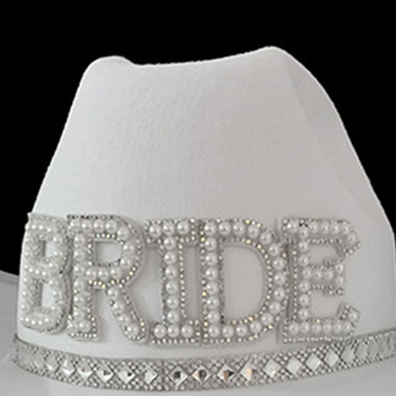 Rhinestones Women Bride Letter Cowgirl Hats Wide Brimmed Bridal Western Shinning White Fedoras Hat for Photoshoot