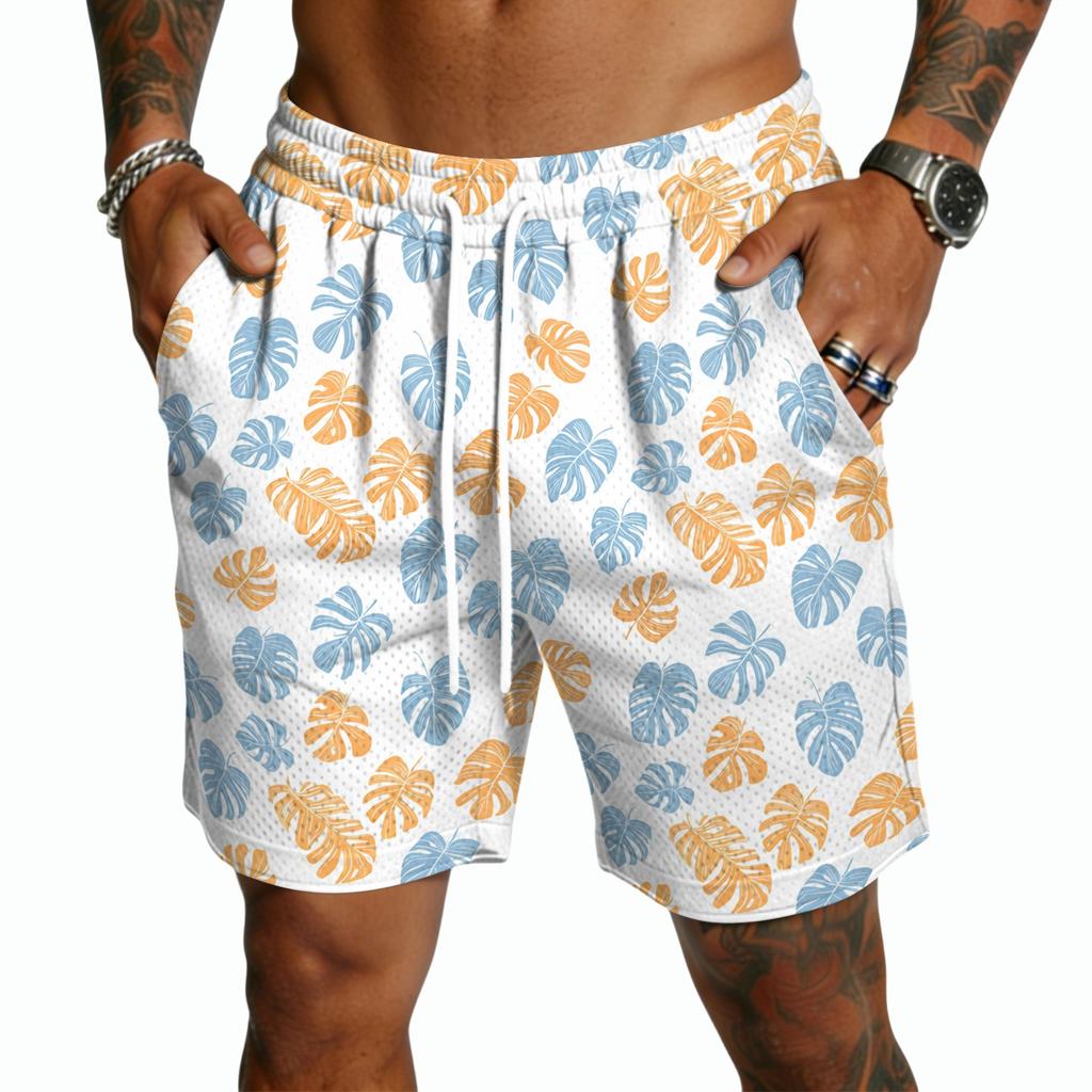 Men's Casual Drawstring Shorts Lightweight Quick-Dry Five-Point Hawaiian Print Beachwear Summer Bottoms with Elastic Waistband