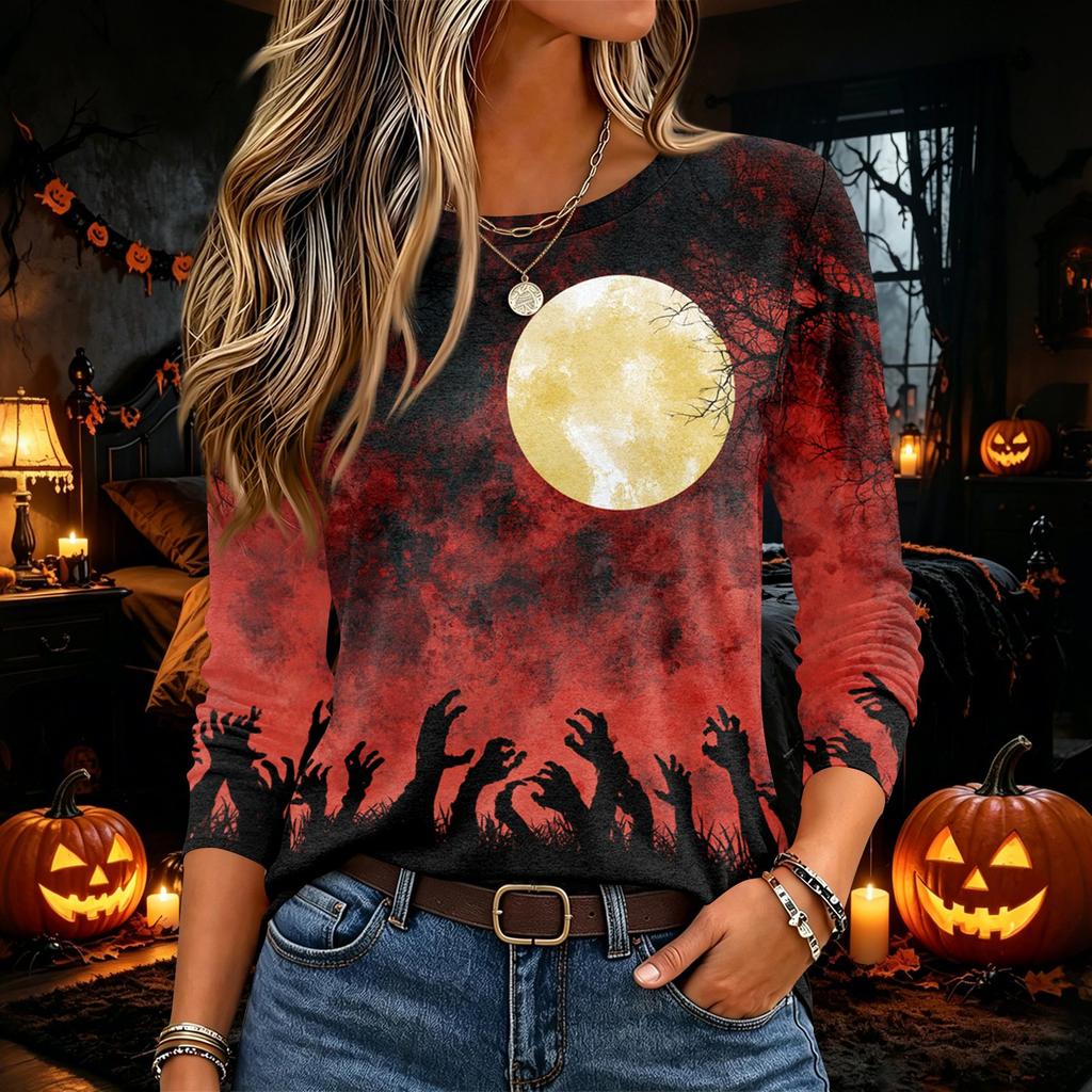 Women's Halloween Print Long Sleeve Neck Pullover Top for Party