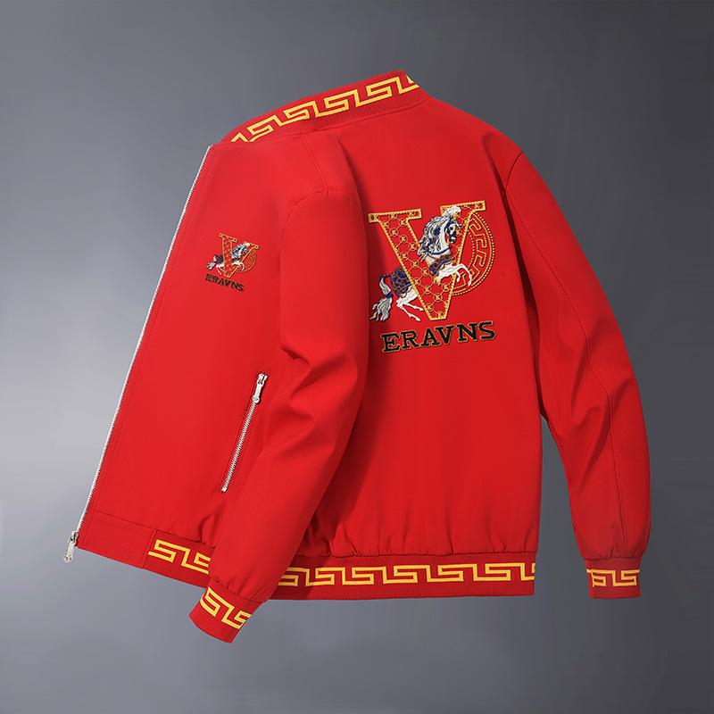 

Men s Slim Fit Red Embroidered Jacket with Stand Collar and V-Neck, Fleece-Lined for Autumn and Winter L